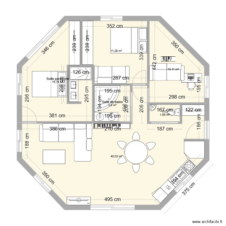 Maison hexagonale V1. Plan de 6 pièces et 83 m2