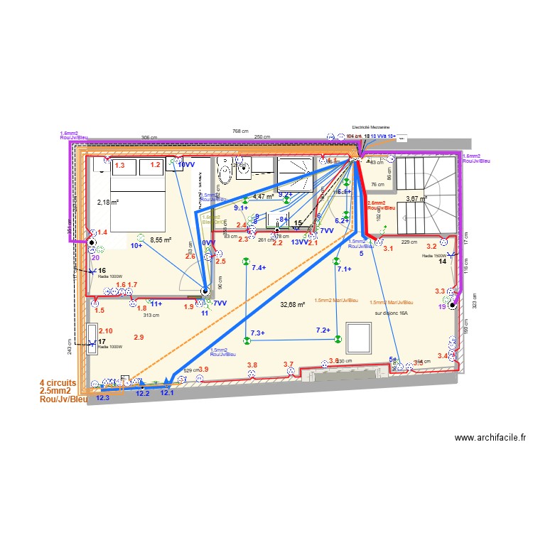 Appartement 3ème Electricité Ph2. Plan de 5 pièces et 52 m2