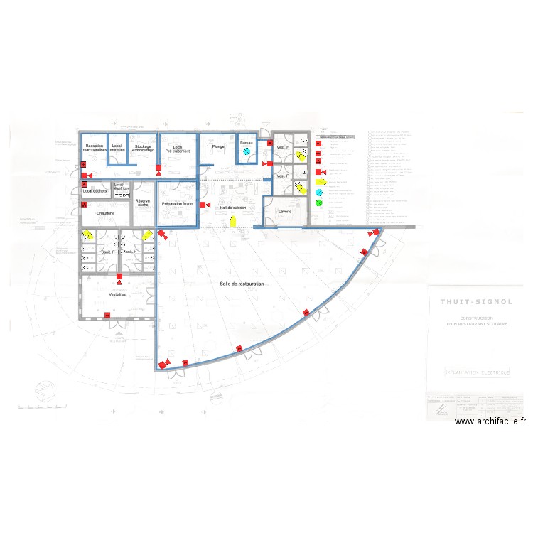 Restaurant scolaire. Plan de 17 pièces et 523 m2