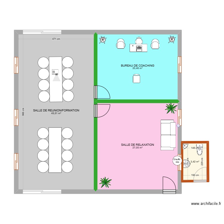 AMENAGEMENT SALON DE COACHING. Plan de 4 pièces et 96 m2