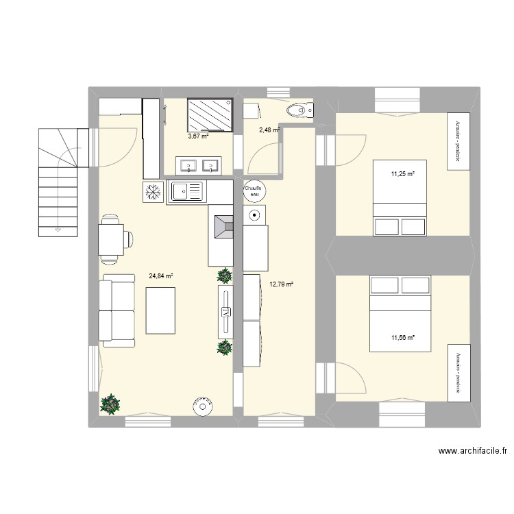 plan manue aménagé a l'échelle. Plan de 6 pièces et 67 m2