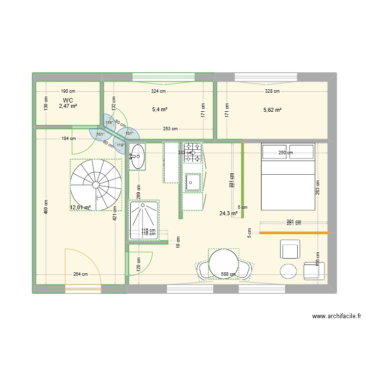 rdc avant. Plan de 5 pièces et 50 m2