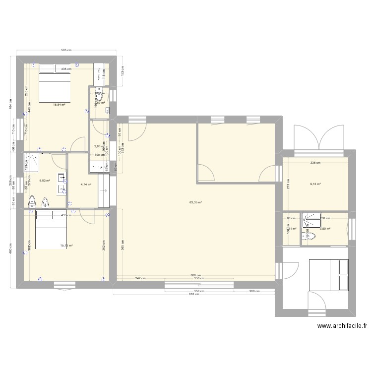 Monpazier prises. Plan de 10 pièces et 125 m2