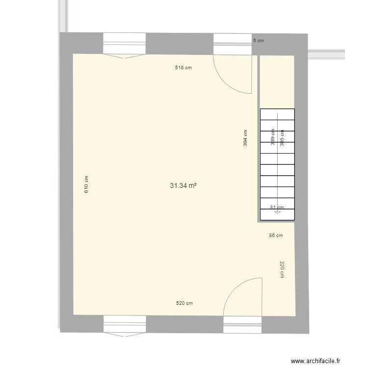 Mélanie RDC nu. Plan de 1 pièce et 31 m2