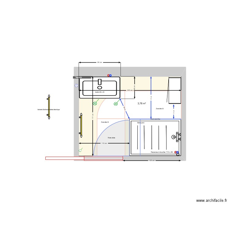 SDB Rossan_V110x80 à droite coulissant. Plan de 1 pièce et 4 m2