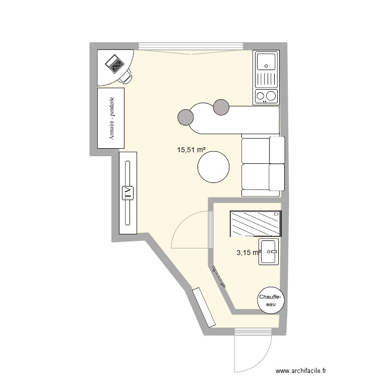 T1 18m². Plan de 2 pièces et 19 m2