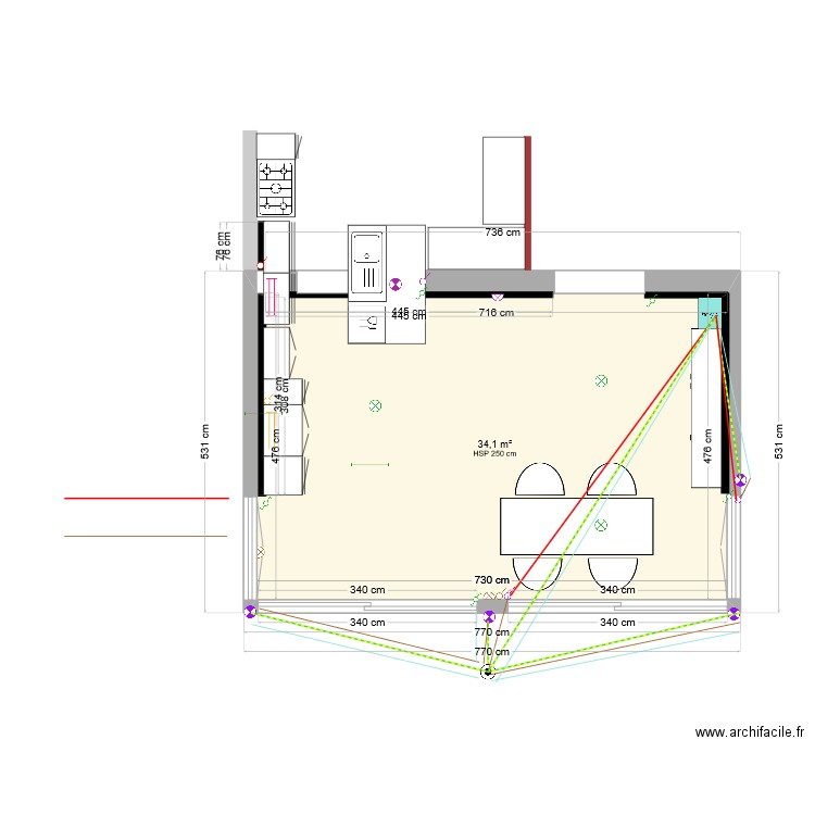 Extension cuisine - Eclairage extérieur . Plan de 1 pièce et 34 m2