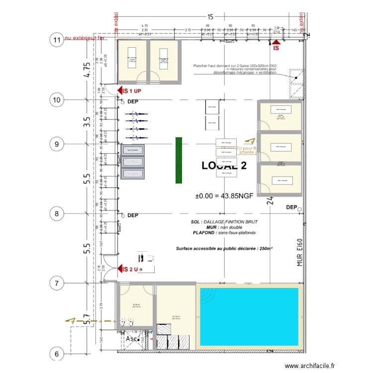 Projet cabinet de kiné + balnéo. Plan de 6 pièces et 65 m2