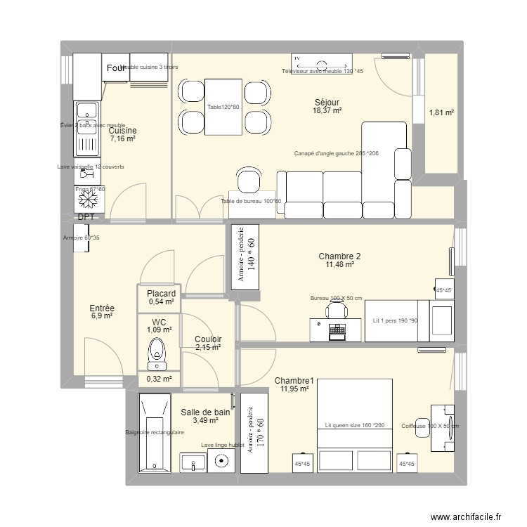 raspail. Plan de 12 pièces et 65 m2