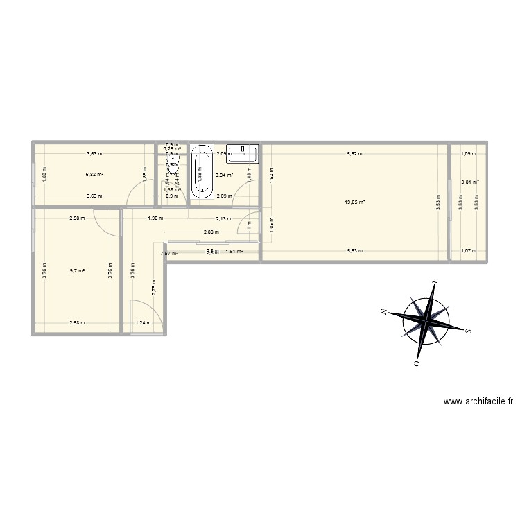 appartement_assas. Plan de 9 pièces et 55 m2