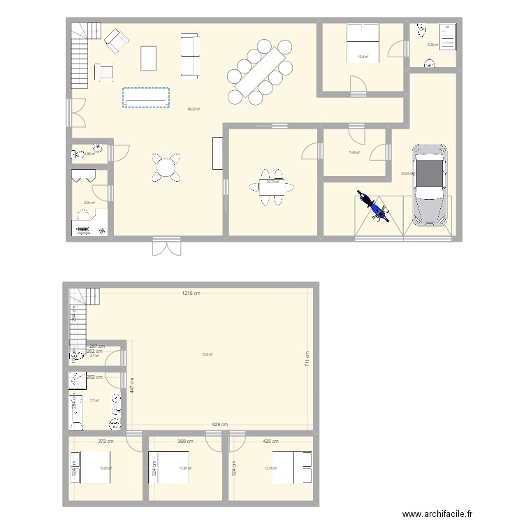 RDC Batiment colonnes rondes. Plan de 14 pièces et 311 m2