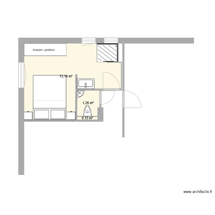 suite parental + WC. Plan de 3 pièces et 15 m2