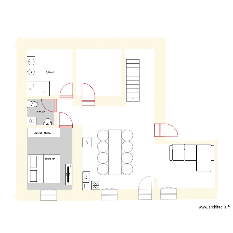 RDC . Plan de 3 pièces et 22 m2