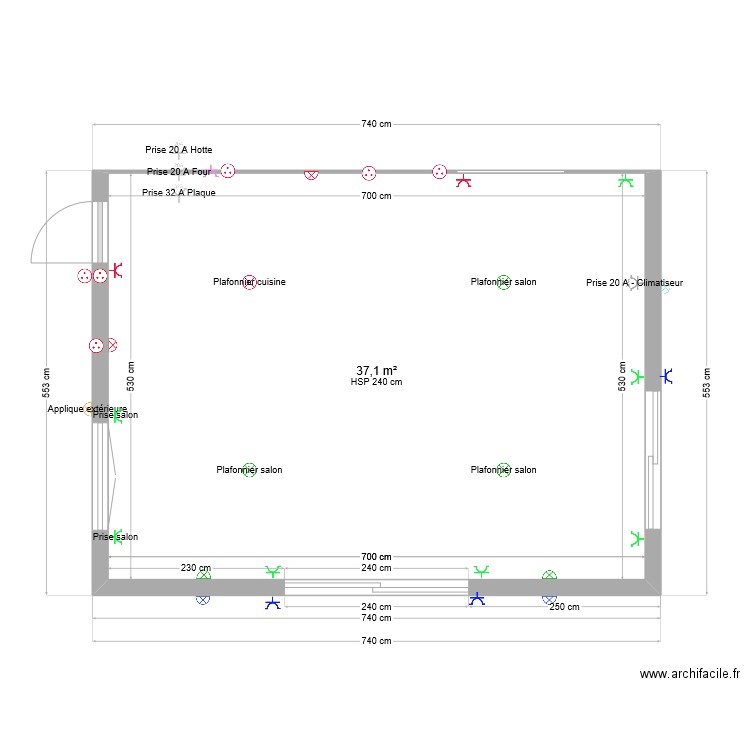 RDC électricité. Plan de 1 pièce et 37 m2