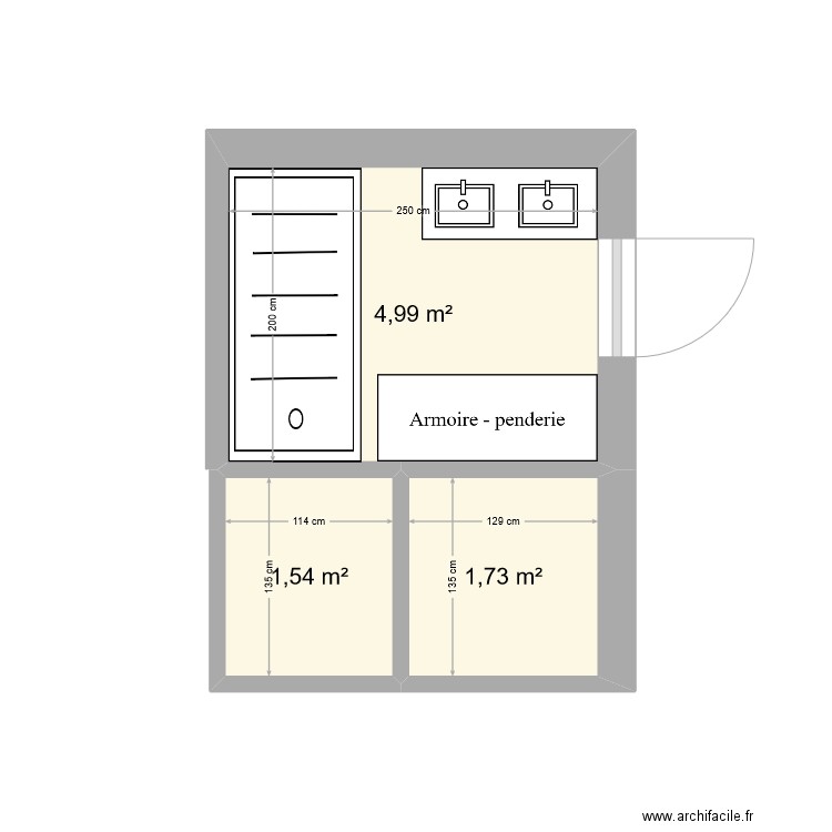 sdb. Plan de 3 pièces et 8 m2