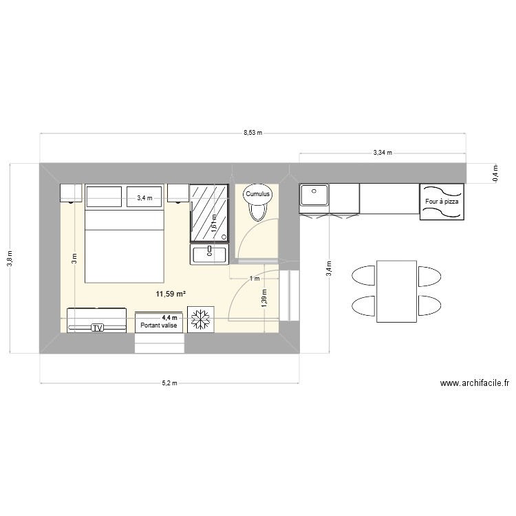 Cabane-studio5. Plan de 2 pièces et 13 m2