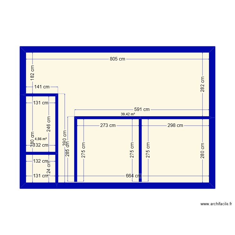 Maison briques. Plan de 2 pièces et 44 m2