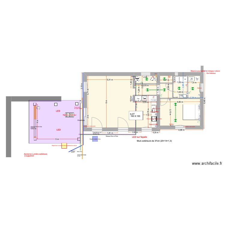 Plan Elec au 25 février 2025 Réunion de Chantier. Plan de 3 pièces et 74 m2