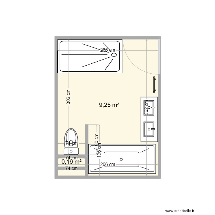 salle de bain. Plan de 2 pièces et 9 m2