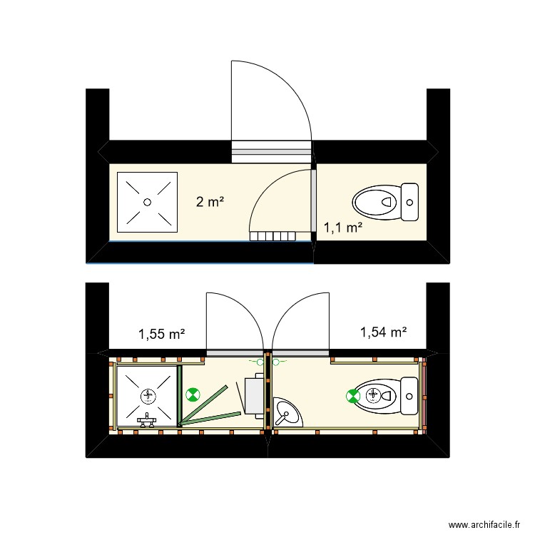 Douche WC. Plan de 4 pièces et 6 m2