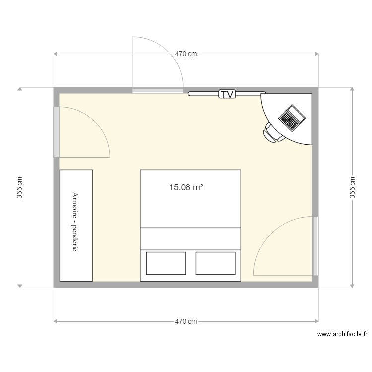 chambre. Plan de 1 pièce et 15 m2