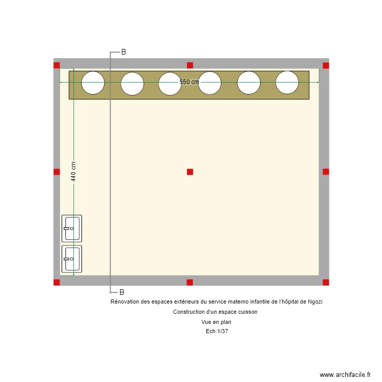 Ngozi espace de cuisson vue en plan. Plan de 1 pièce et 24 m2