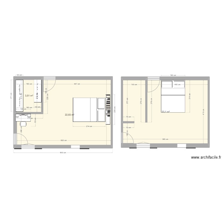 Chambre H&R. Plan de 3 pièces et 49 m2