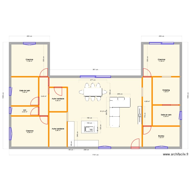 plan a a la cote final. Plan de 13 pièces et 133 m2