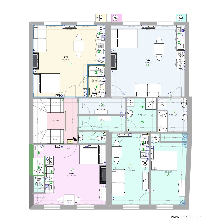 Bat-A-R+2. Plan de 13 pièces et 131 m2