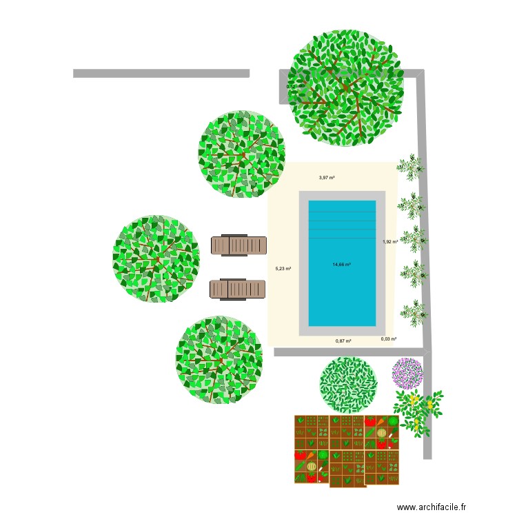 piscine parrallele. Plan de 7 pièces et 27 m2