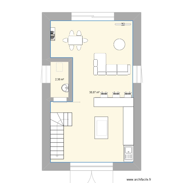 rdc. Plan de 2 pièces et 41 m2