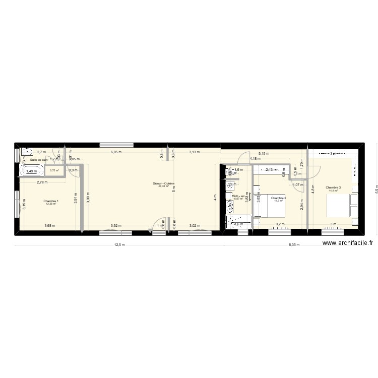 Plan projet Canard v3. Plan de 7 pièces et 96 m2