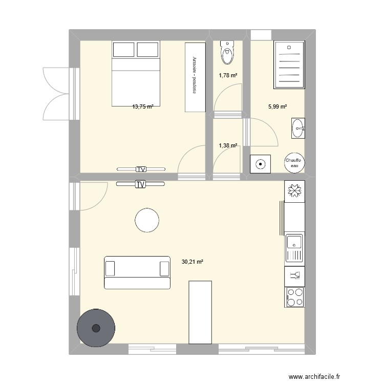 maison 57m2. Plan de 5 pièces et 53 m2