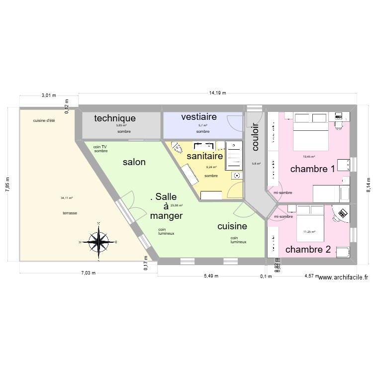 Maison sud 03. Plan de 8 pièces et 121 m2