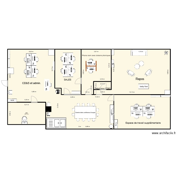 Aménagement des bureaux LS-3. Plan de 7 pièces et 222 m2