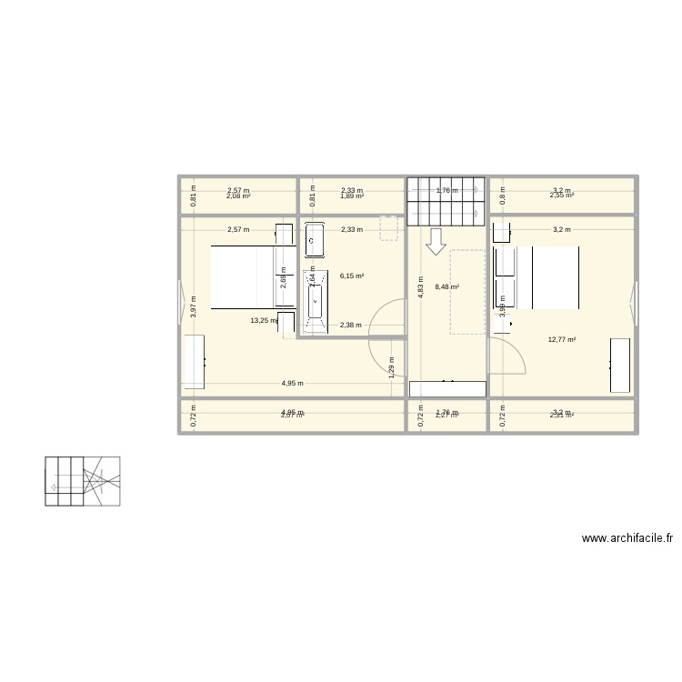 Caniac etage. Plan de 10 pièces et 54 m2