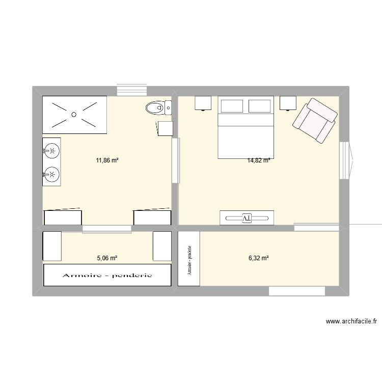 COMBLES. Plan de 4 pièces et 38 m2