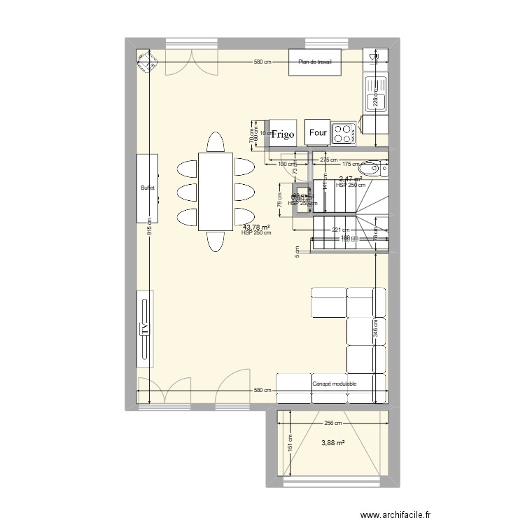 rez de chaussé . Plan de 4 pièces et 50 m2