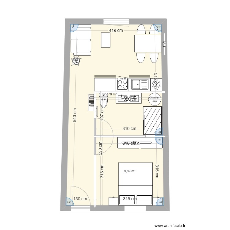 dernier studio PF. Plan de 2 pièces et 36 m2