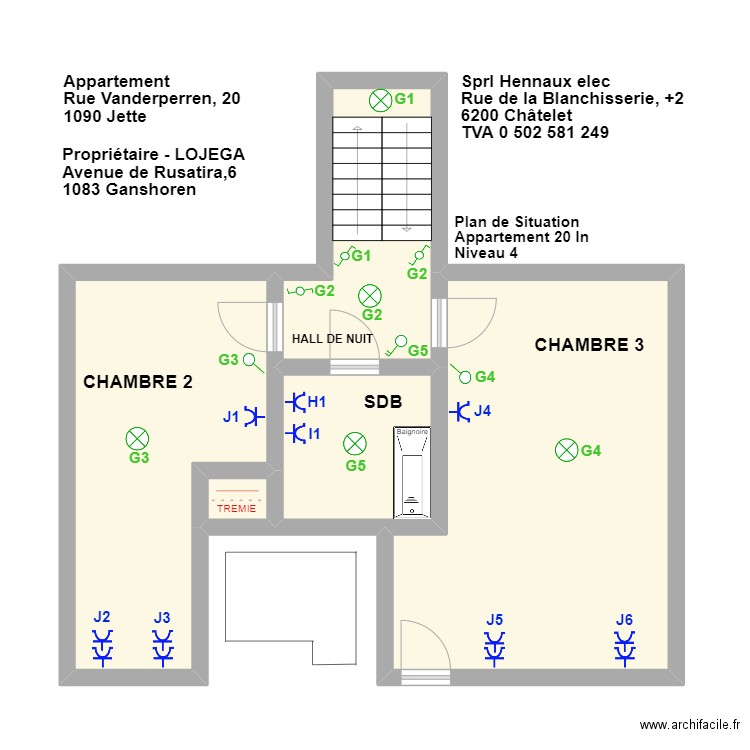 plan de situation 20 ln Jette niveau 4. Plan de 5 pièces et 55 m2