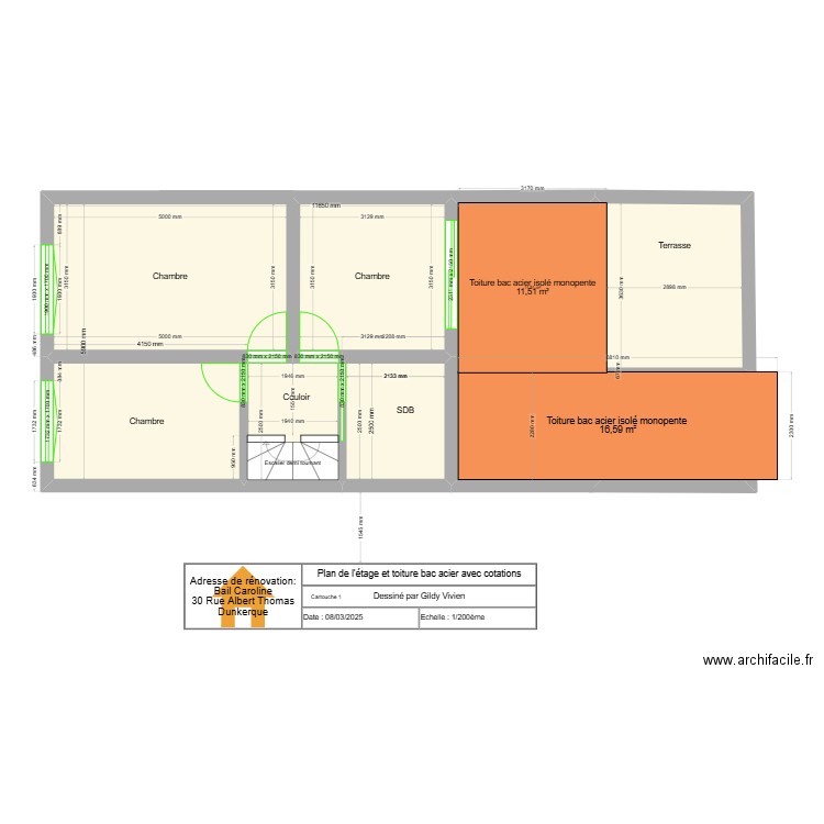 Plan de l'étage et toiture bac acier avec cotations. Plan de 7 pièces et 63 m2