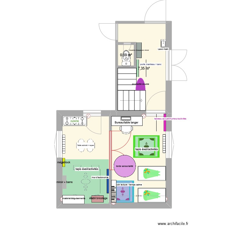 accueil enfants. Plan de 3 pièces et 19 m2