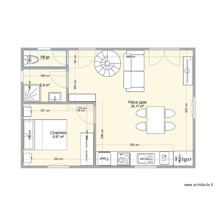 T2 40m2. Plan de 4 pièces et 39 m2