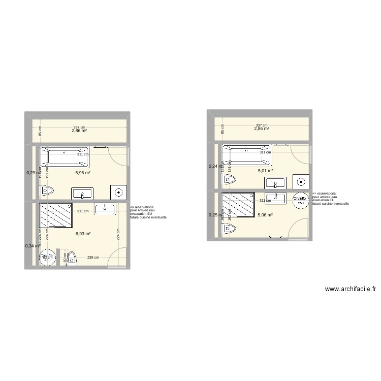 Sanitaire R+2 cas espace ouvert. Plan de 10 pièces et 30 m2