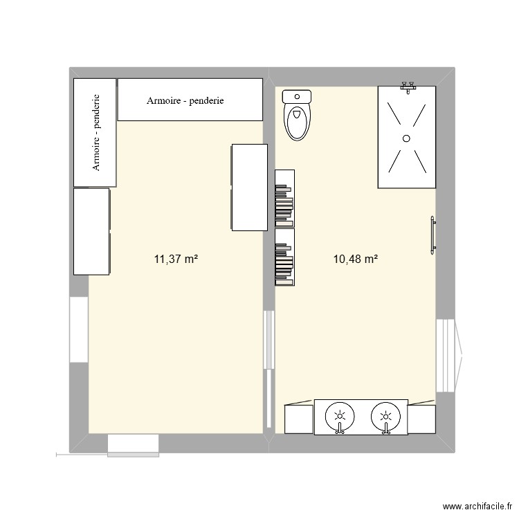 salle de bain. Plan de 2 pièces et 22 m2