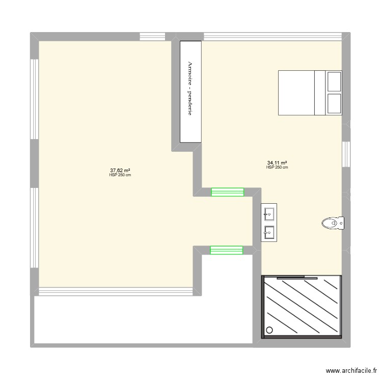 V122. Plan de 2 pièces et 72 m2