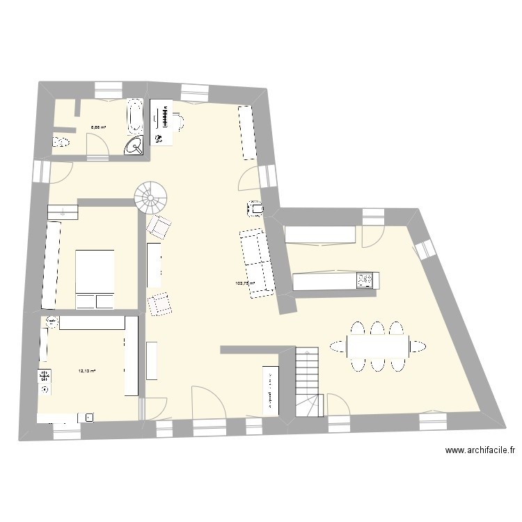 Monteau RDC. Plan de 3 pièces et 125 m2