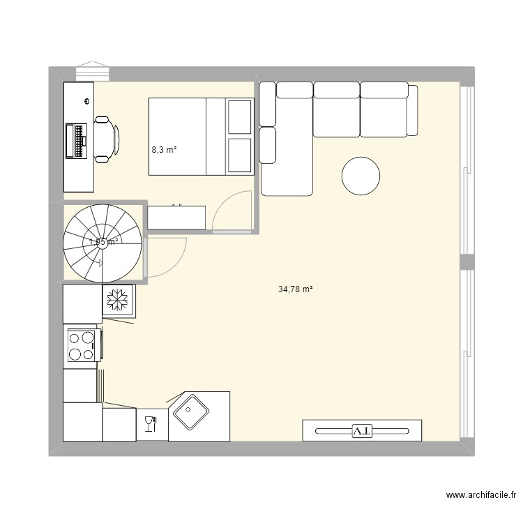 trinite rdc 1 chambre . Plan de 3 pièces et 45 m2