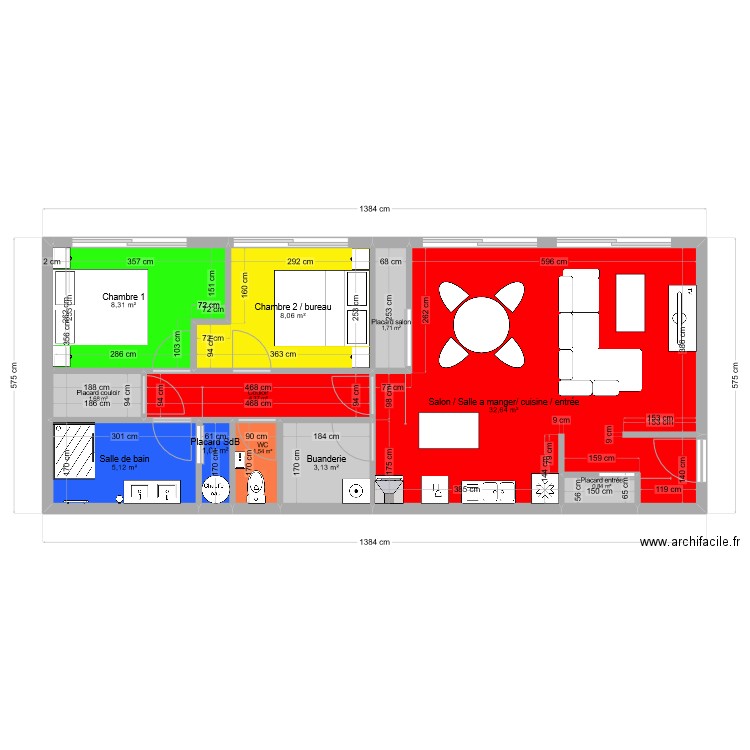 mob. Plan de 11 pièces et 68 m2