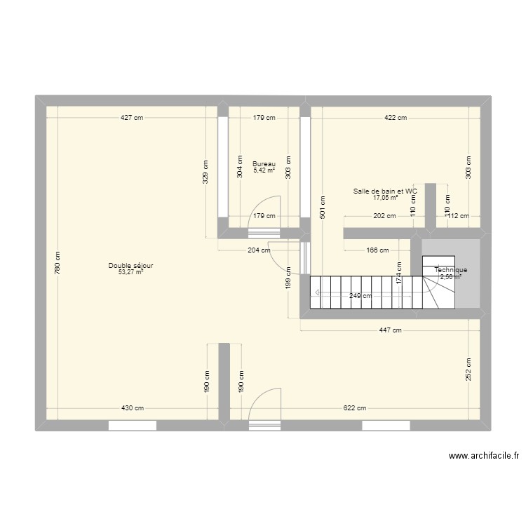 RDC. Plan de 4 pièces et 78 m2